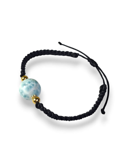 Natural Larimar  Bracelet Adjustable Macrame Woven Black Dominican Blue Gemstone Boho