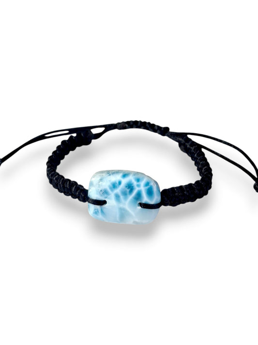 Bracelet Larimar Naturel Réglable Macramé Tressé Noir Pierre Précieuse Bleue Dominicaine Boho