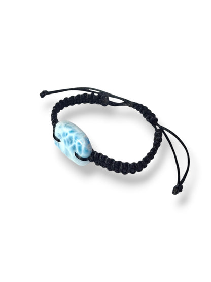Natural Larimar  Bracelet Adjustable Macrame Woven Black Dominican Blue Gemstone Boho