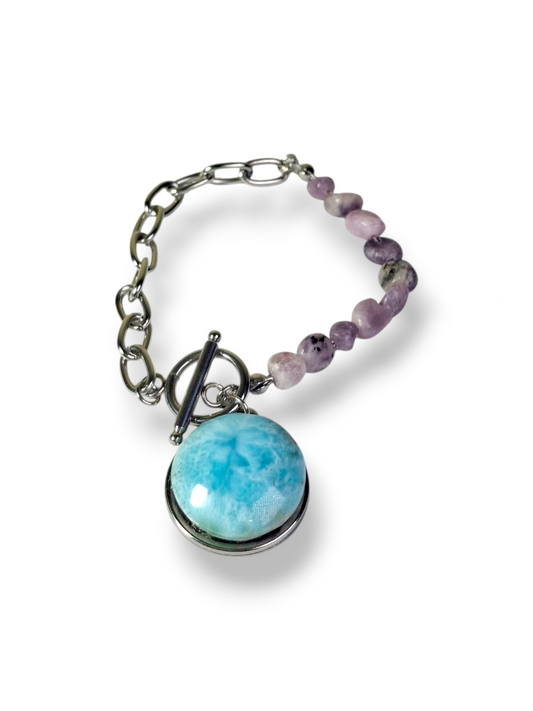 Bracelet Larimar Améthyste Chaîne Acier Inoxydable Fermoir à Bascule Pierre Précieuse Dominicaine