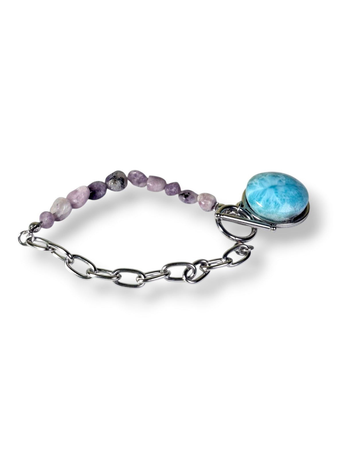 Larimar Amethyst Bracelet Stainless Steel Chain Toggle Clasp Dominican Gemstone