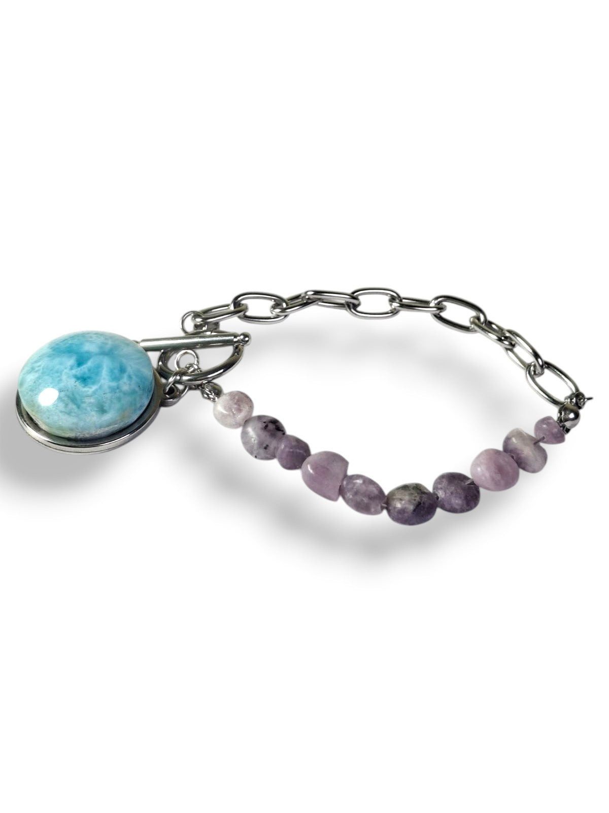 Larimar Amethyst Bracelet Stainless Steel Chain Toggle Clasp Dominican Gemstone