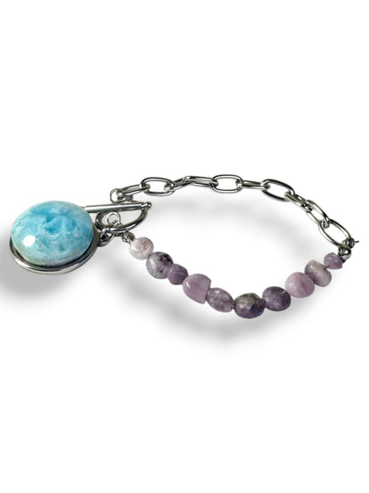 Larimar Amethyst Bracelet Stainless Steel Chain Toggle Clasp Dominican Gemstone