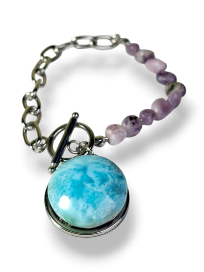 Larimar Amethyst Bracelet Stainless Steel Chain Toggle Clasp Dominican Gemstone