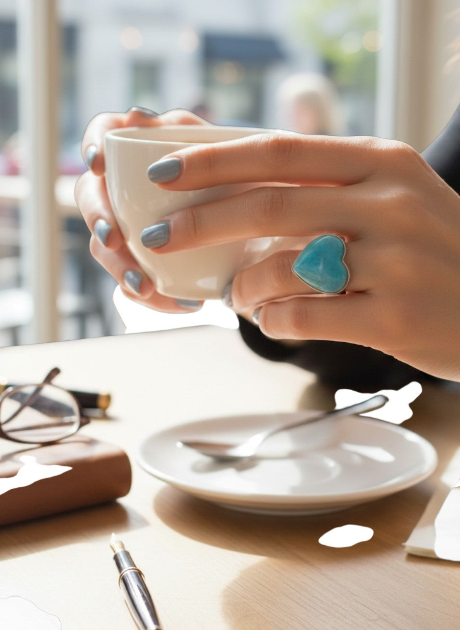 Larimar Heart Shape Ring 925 Silver Natural Dominican Republic Blue Stone Love Gift Jewelry