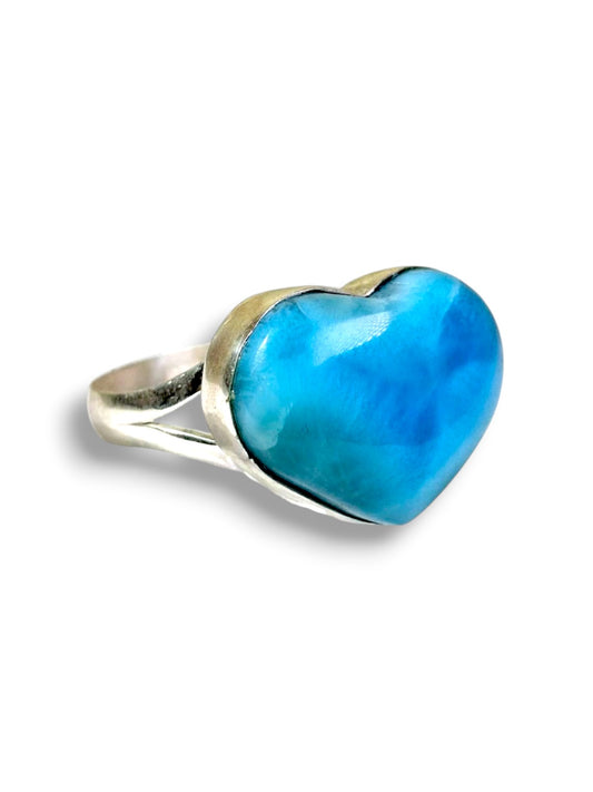 Larimar Heart Shape Ring 925 Silver Natural Dominican Republic Blue Stone Love Gift Jewelry