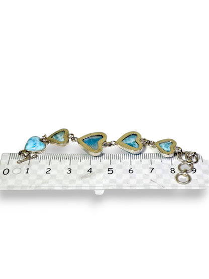Natural Larimar 5 Heart Bracelet Sterling Silver Toggle Link Dominican Blue Love