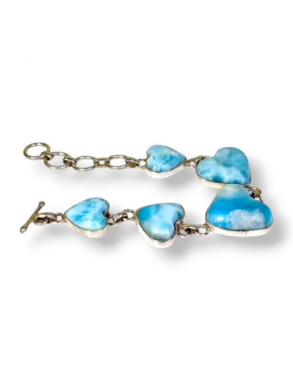 Natural Larimar 5 Heart Bracelet Sterling Silver Toggle Link Dominican Blue Love