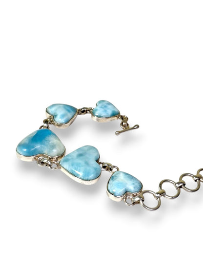 Natural Larimar 5 Heart Bracelet Sterling Silver Toggle Link Dominican Blue Love
