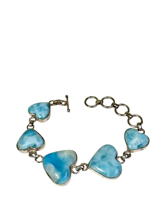 Natural Larimar 5 Heart Bracelet Sterling Silver Toggle Link Dominican Blue Love