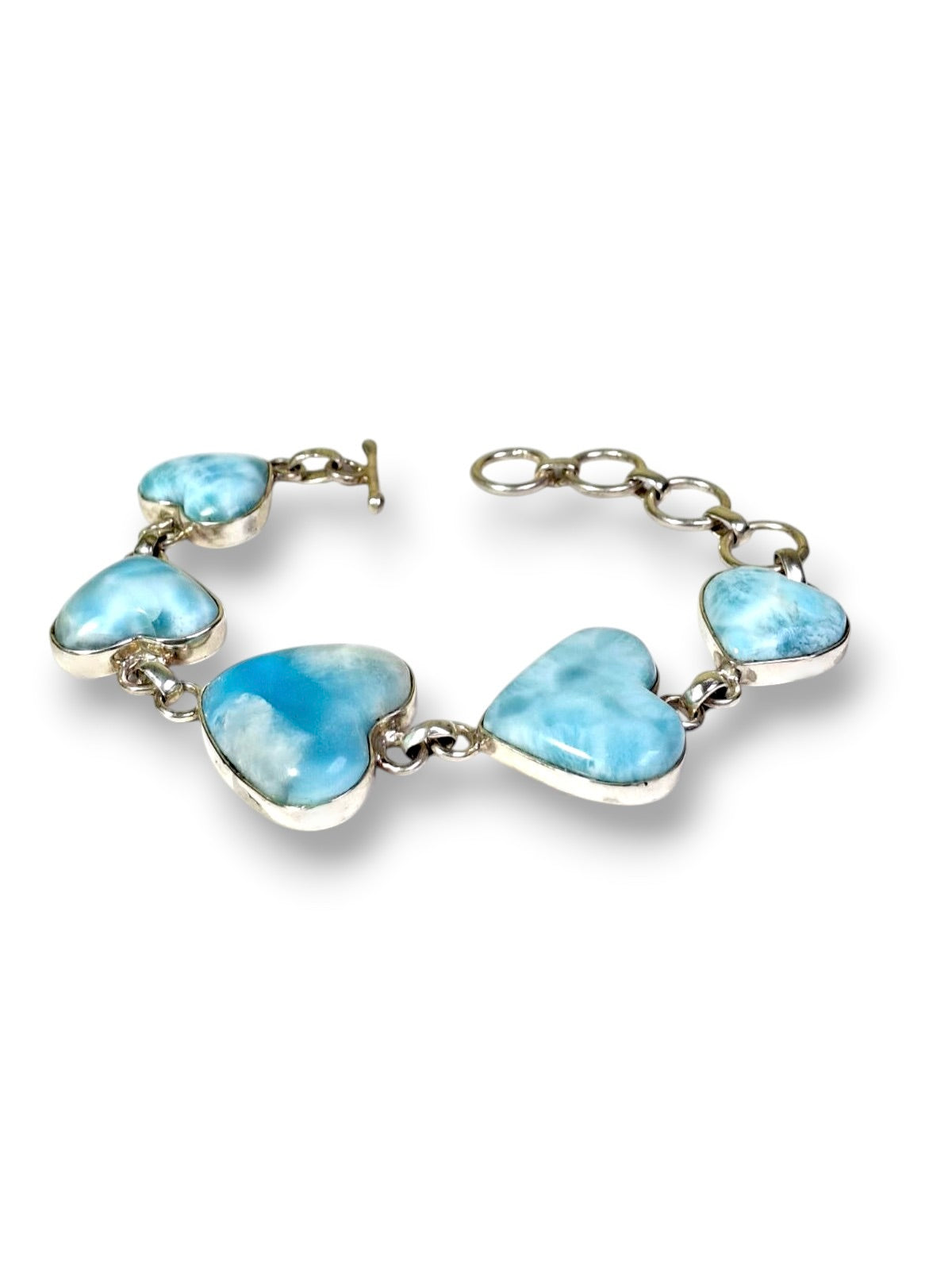 Natural Larimar 5 Heart Bracelet Sterling Silver Toggle Link Dominican Blue Love
