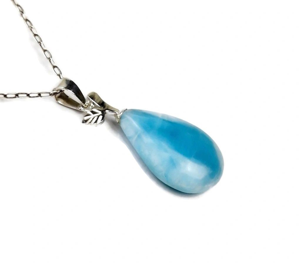 2.2"in. Dominican Sky Blue Larimar Teardrop Stone Pendant Handmade
