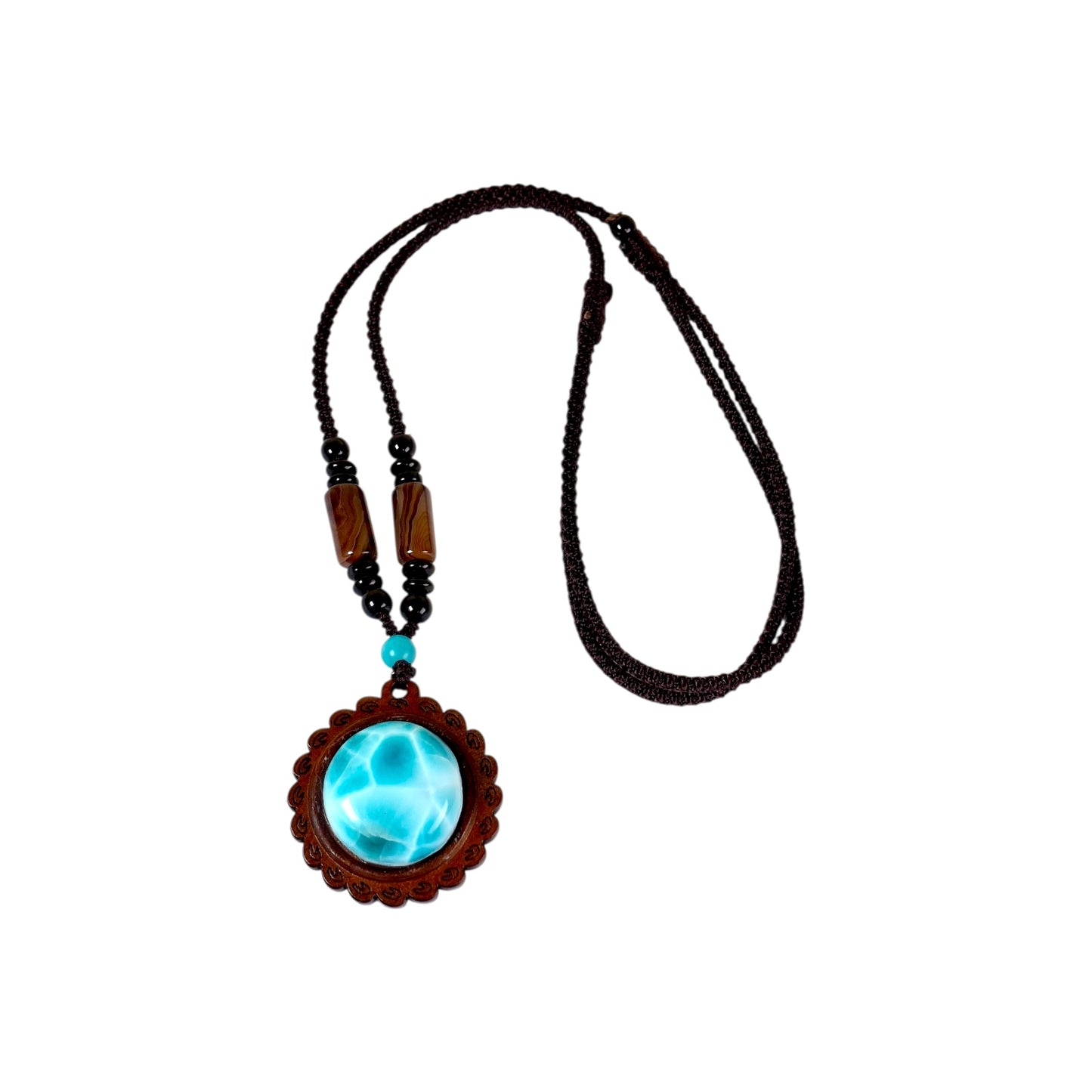 Unique Carved Ebony Wood W/ Blue Larimar Stone Necklace Handcrafted