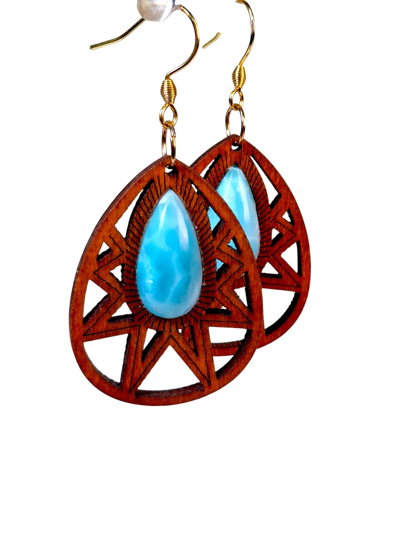 Natural wood W/ Nice Blue Larimar Stone Handmade Dangle Earrings