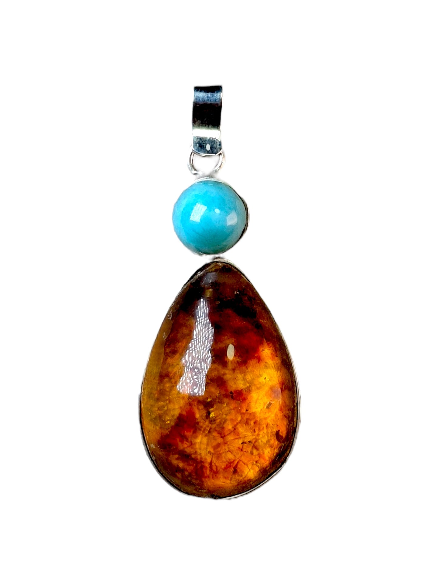1.9 "in. Dominican Nice Blue Larimar w/ Amber Stones Pendant Handmade