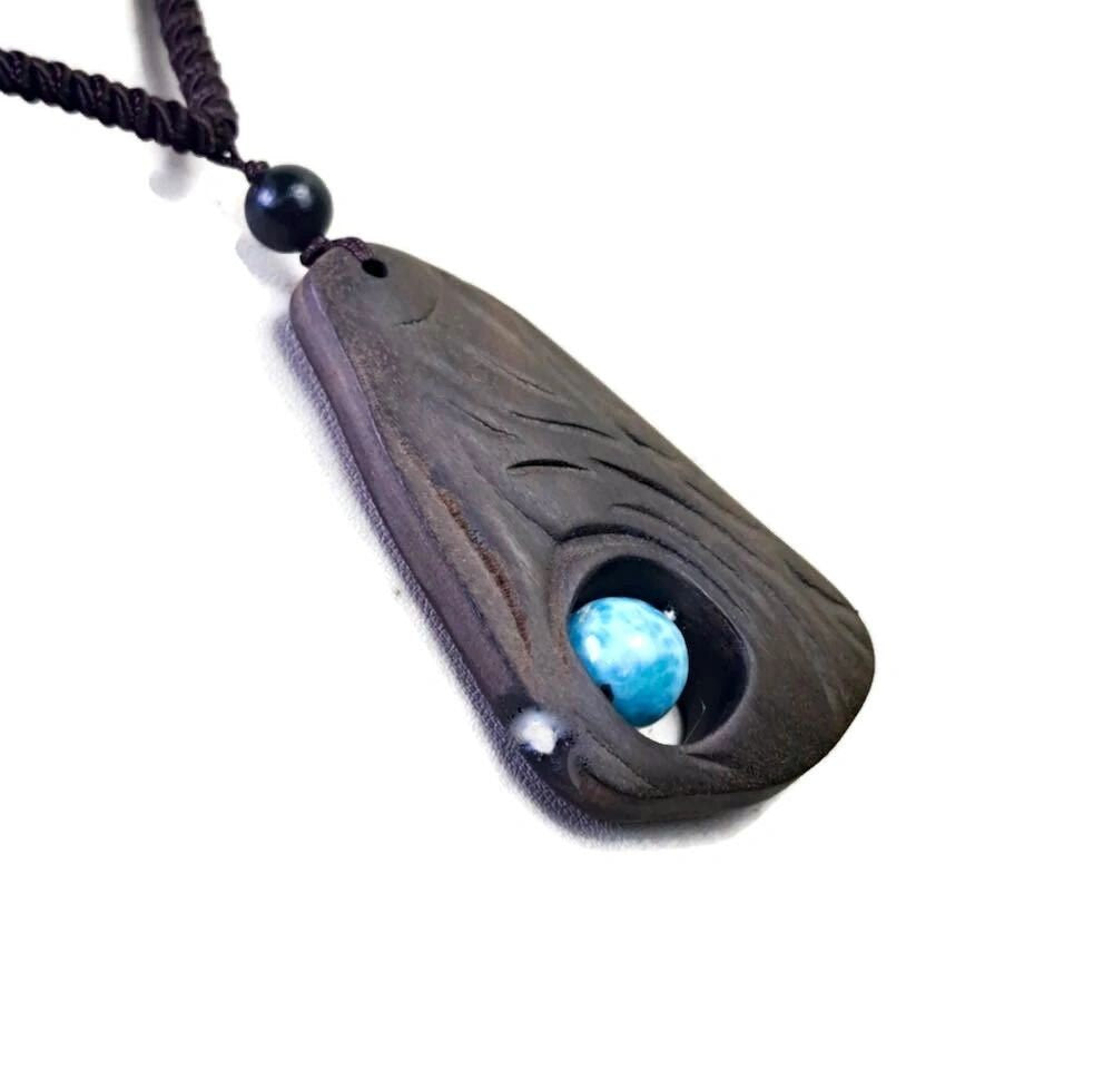 Unique Carved Ebony Wood W/ Blue Larimar Stone Necklace Handcrafted