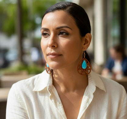 Natural wood W/ Nice Blue Larimar Stone Handmade Dangle Earrings