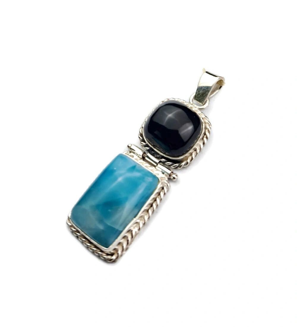 2"in. Dominican Nice Blue Larimar/ Black Coral Stones Pendant Handmade