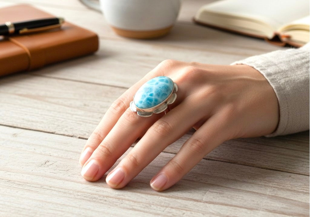 Solid Sterling Silver Big Dominican Deep Blue Larimar Stone Handmade Ring