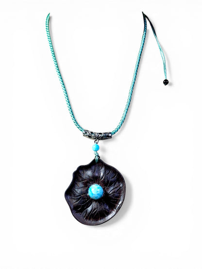 Unique Leaf Carved Ebony Wood W/ Blue Larimar Stone Necklace Handcrafted