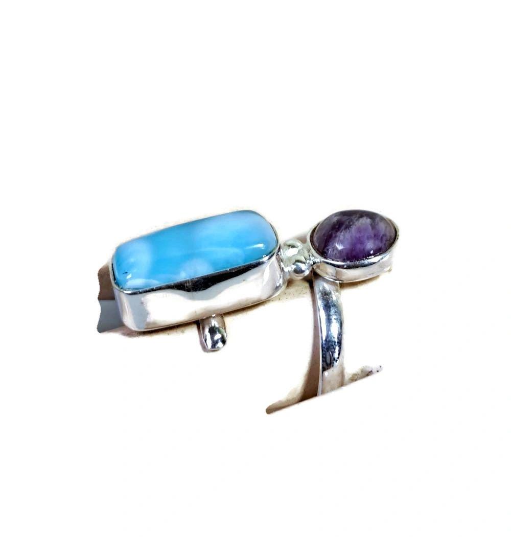 Solid Sterling Silver Deep Blue Larimar W/ Amethyst Stone Ring