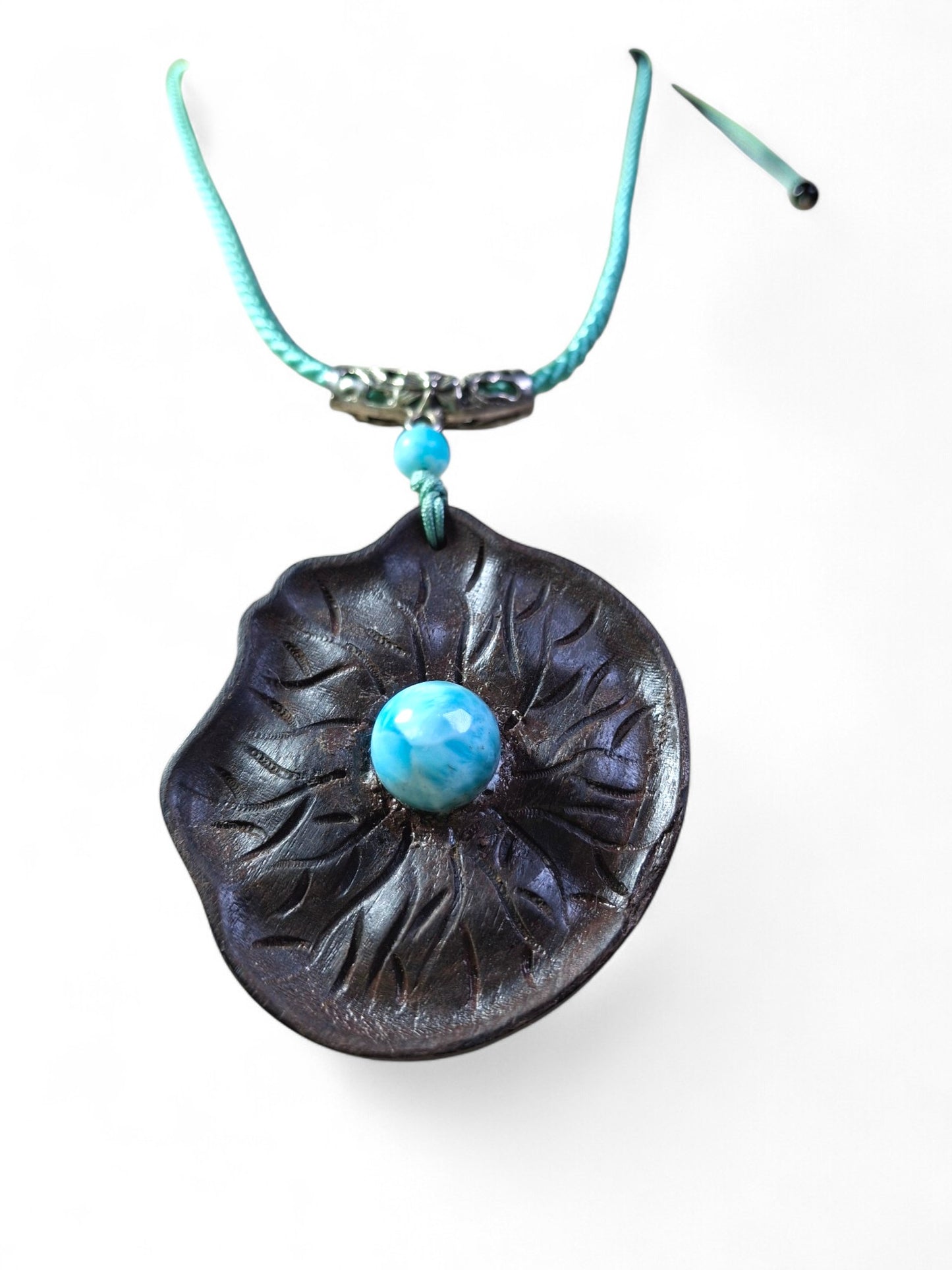 Unique Leaf Carved Ebony Wood W/ Blue Larimar Stone Necklace Handcrafted