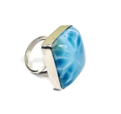 Solid Sterling Silver Big Dominican Deep Blue Larimar Stone Handmade Ring