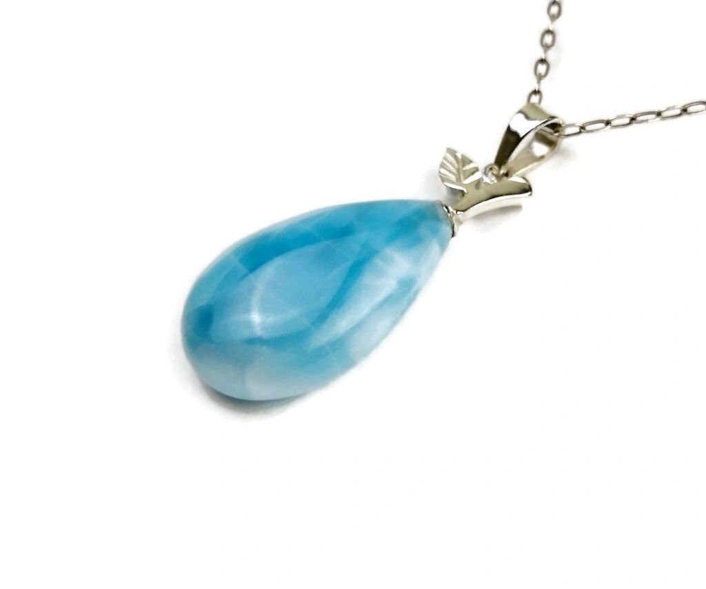 2.2"in. Dominican Sky Blue Larimar Teardrop Stone Pendant Handmade