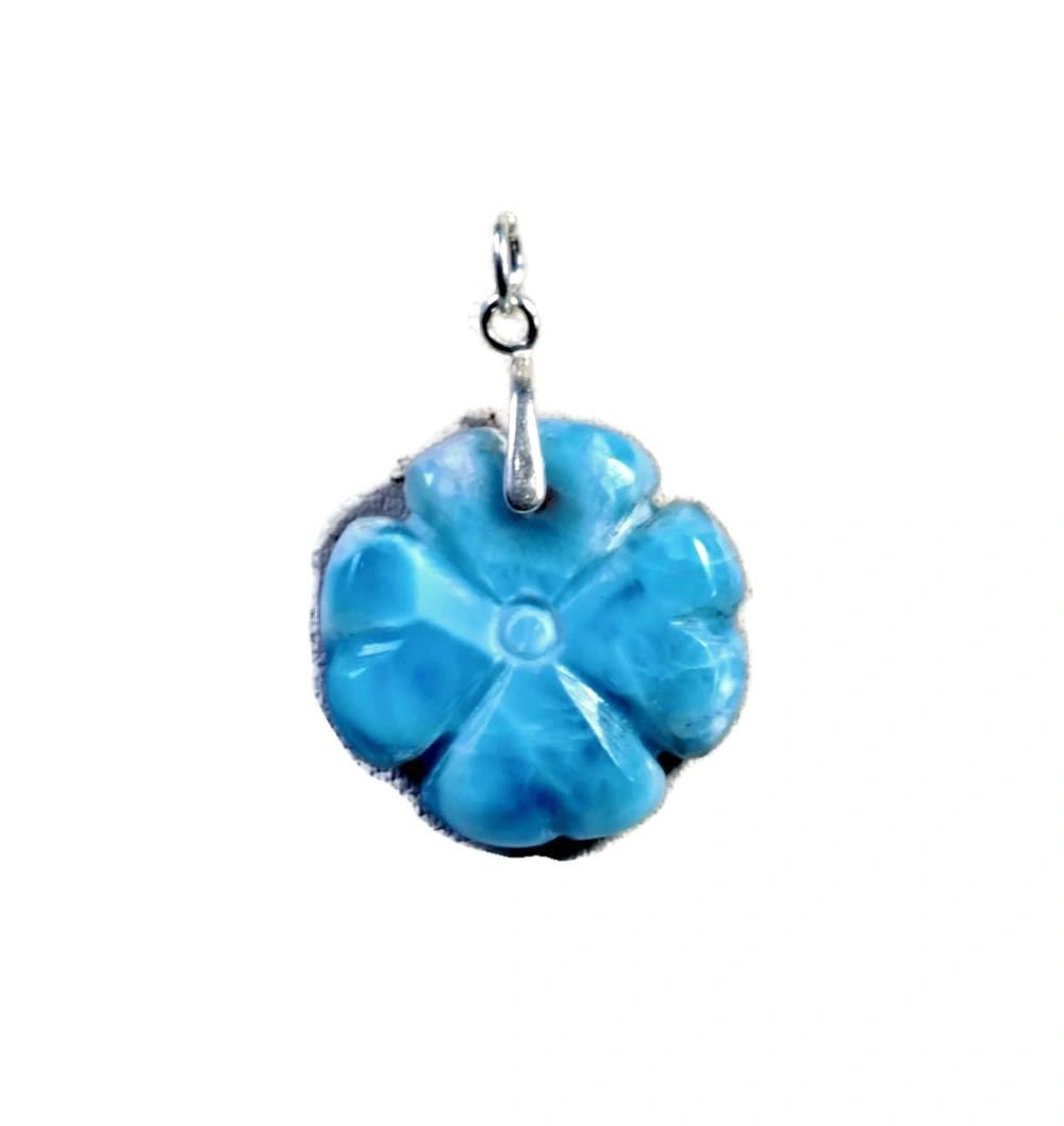 Carved Clover Dominican Nice Deep Blue Larimar Stone Pendant Handmade