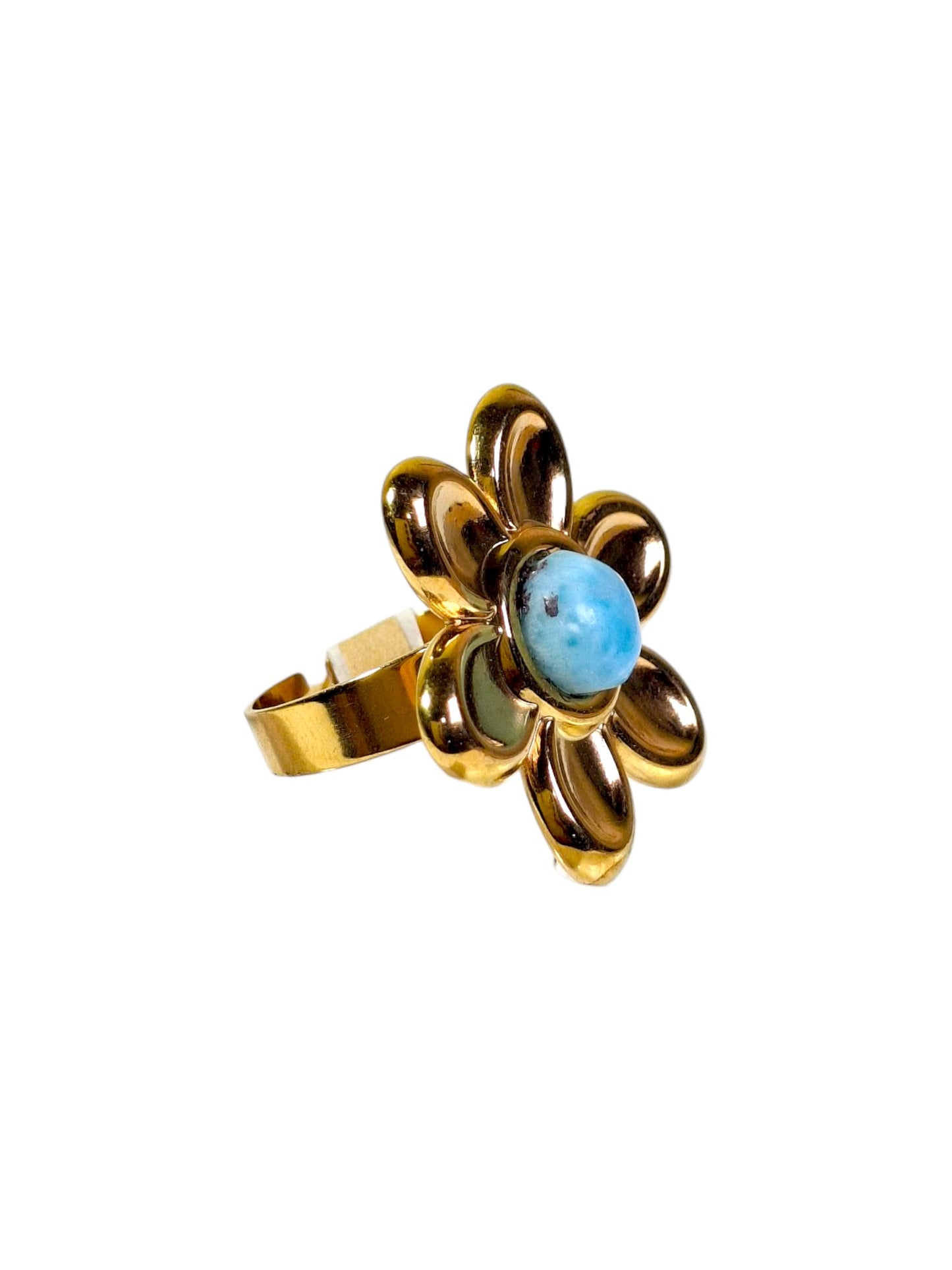 Stainless Steel w/ Gold Plate Flower Dominican Blue Larimar Stone Ring