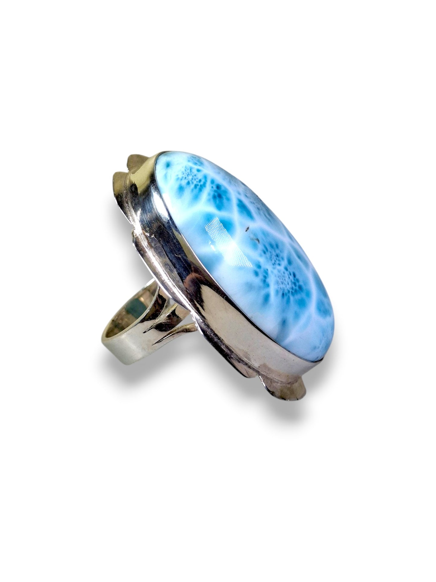 Solid Sterling Silver Big Dominican Deep Blue Larimar Stone Handmade Ring