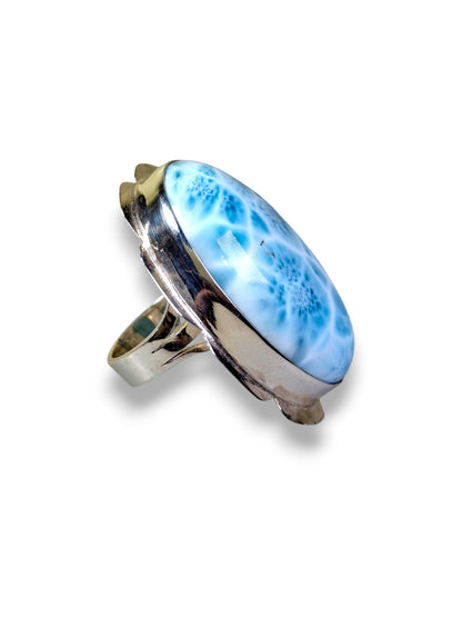 Solid Sterling Silver Big Dominican Deep Blue Larimar Stone Handmade Ring