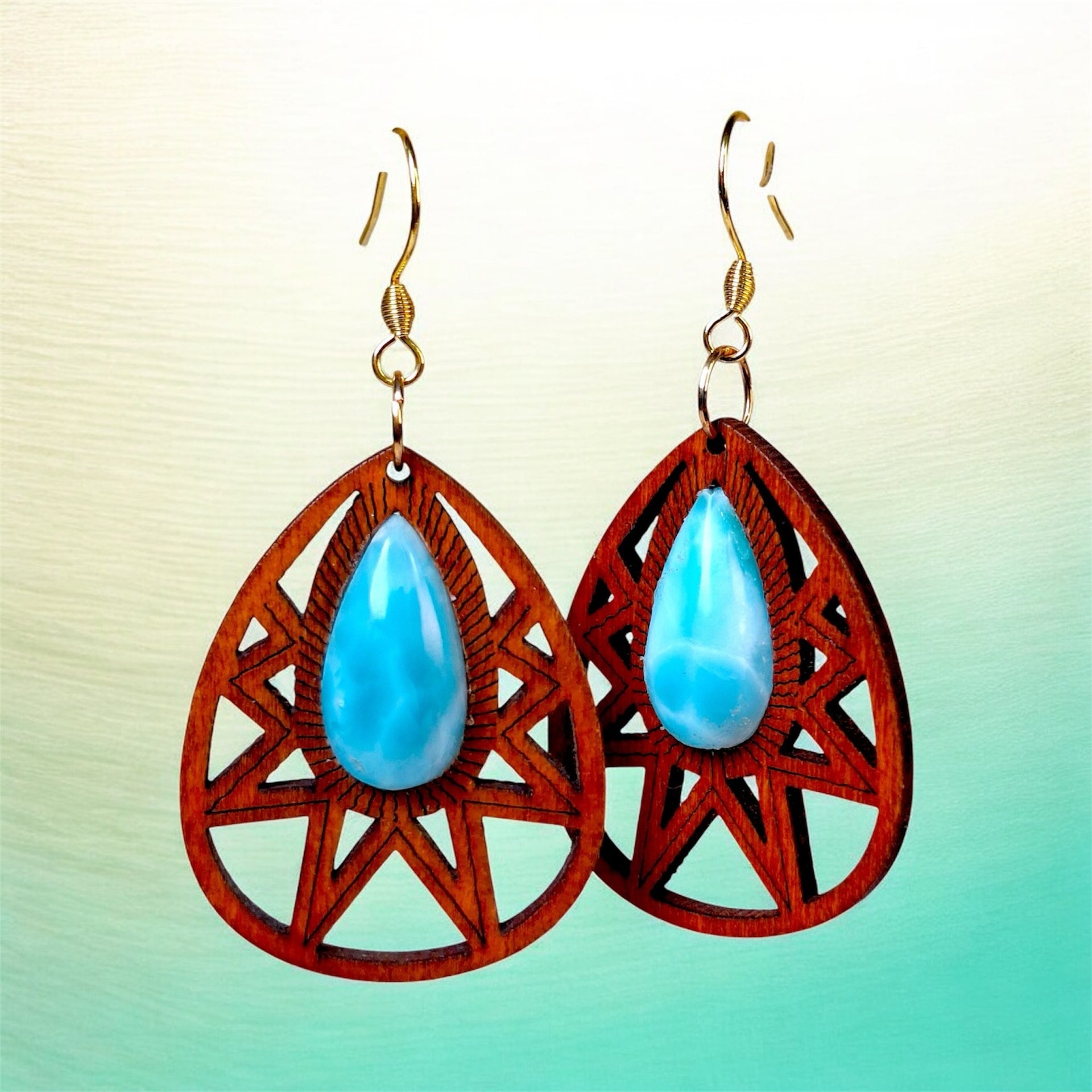 Natural wood W/ Nice Blue Larimar Stone Handmade Dangle Earrings
