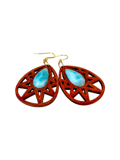 Natural wood W/ Nice Blue Larimar Stone Handmade Dangle Earrings