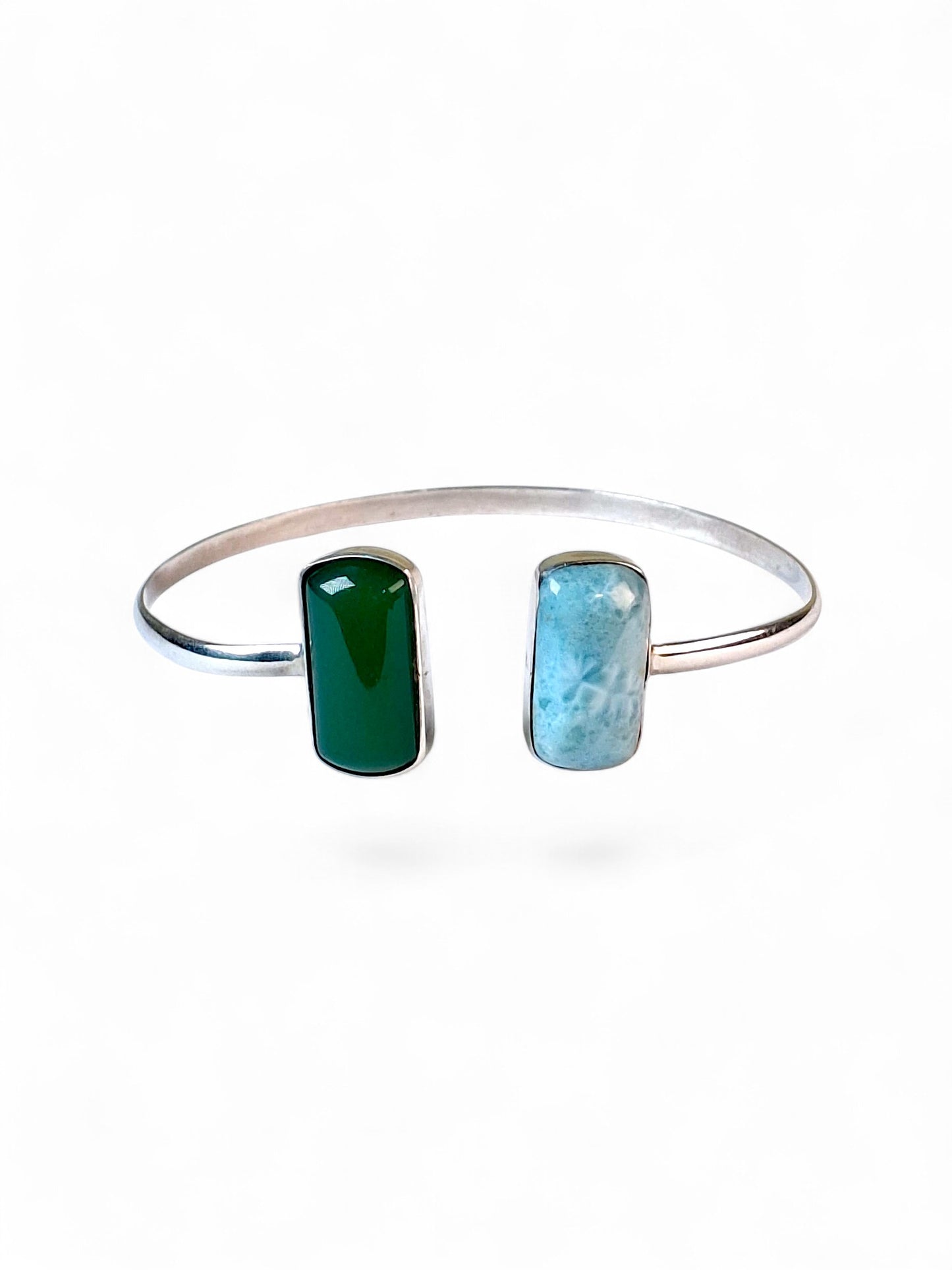 Sterling Silver Dominican Blue Larimar W/ Green Jade Stones Handmade Cuff Brac