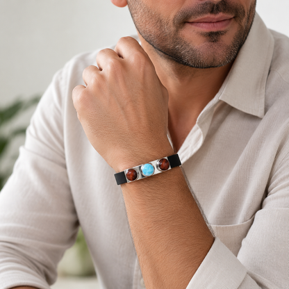 Larimar Bracelet Red Eye Tiger Stainless Steel Rubber Band Unisex Dominican
