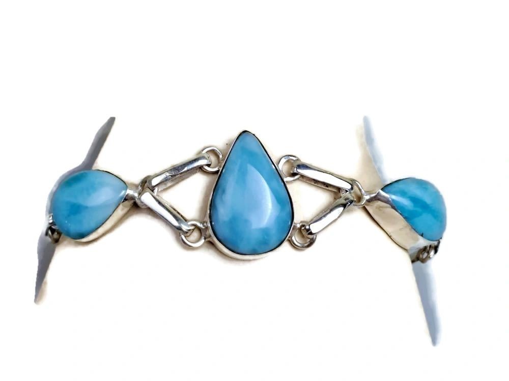 Sterling Silver Dominican Nice Blue Larimar Stone Handmade Cuff Bracelet