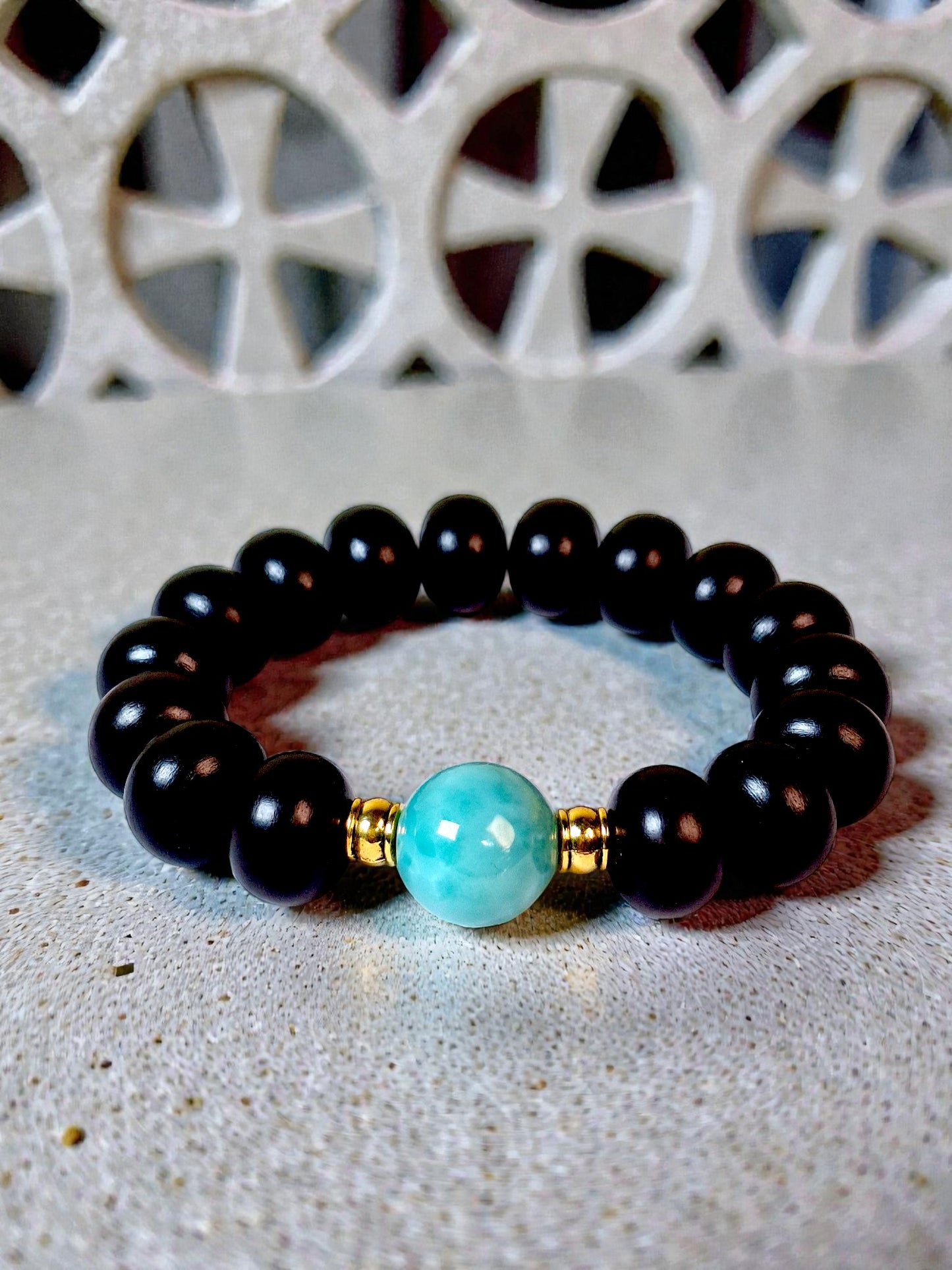 Nice Blue Larimar w/ Sandalwood Beads Blue Handmade Bracelet Men / Women