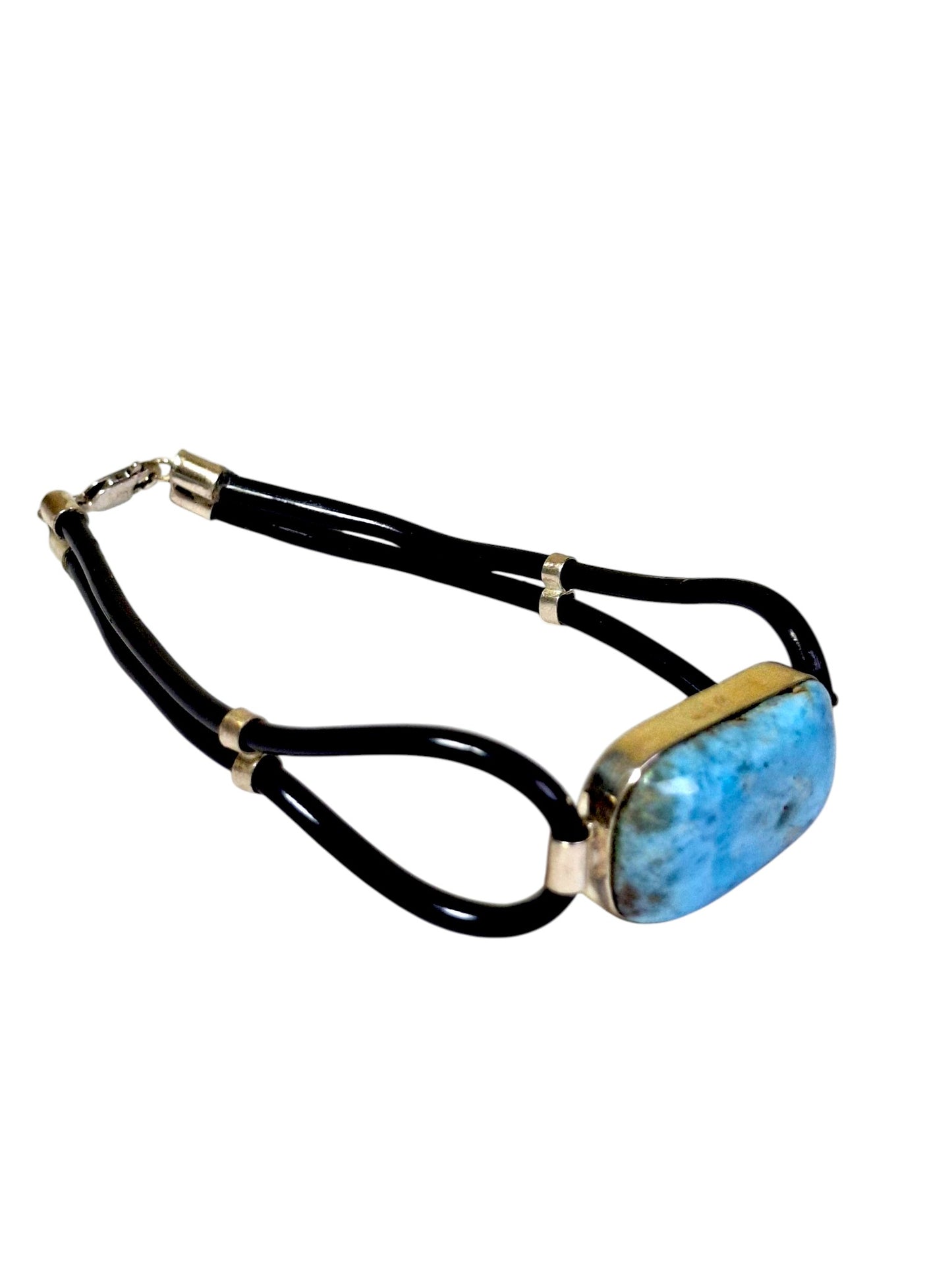 Solid .925 Nice Blue Larimar Stone Rubber Handmade Bracelet Men / Women