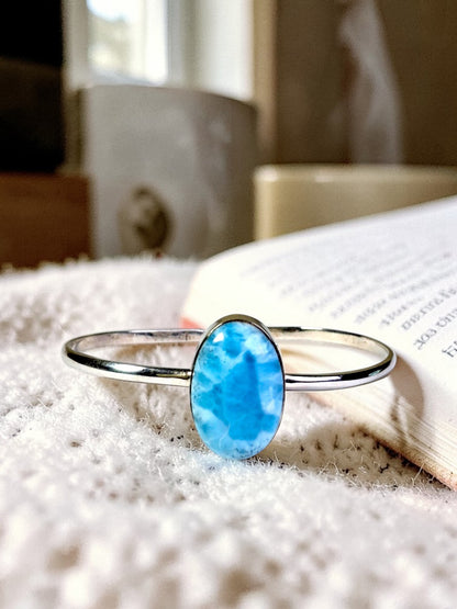 Sterling Silver Dominican Blue Larimar Stone Handmade Cuff Bracelet
