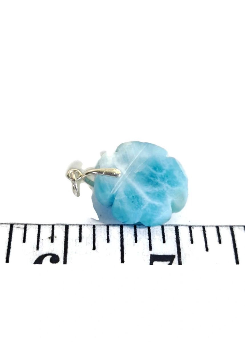 Carved Clover Dominican Nice Deep Blue Larimar Stone Pendant Handmade