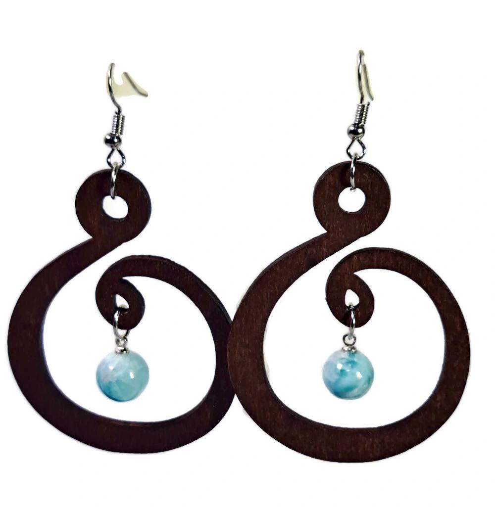 Natural wood W/ Nice Blue Larimar Stone Handmade Dangle Earrings
