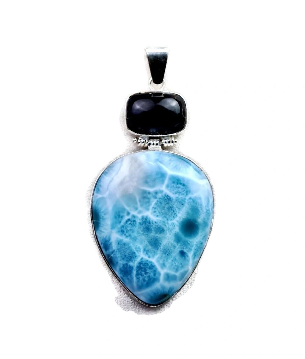 2.9 "in. Big Dominican Nice Blue Larimar / Black coral Stones Pendant Handmade