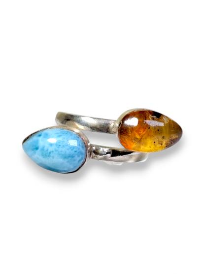 Larimar Amber Ring 925 Sterling Silver Bypass Open Dominican Dual Stone Adjustable