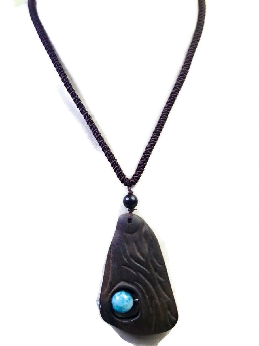 Unique Carved Ebony Wood W/ Blue Larimar Stone Necklace Handcrafted