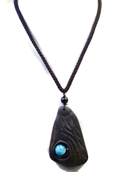 Unique Carved Ebony Wood W/ Blue Larimar Stone Necklace Handcrafted
