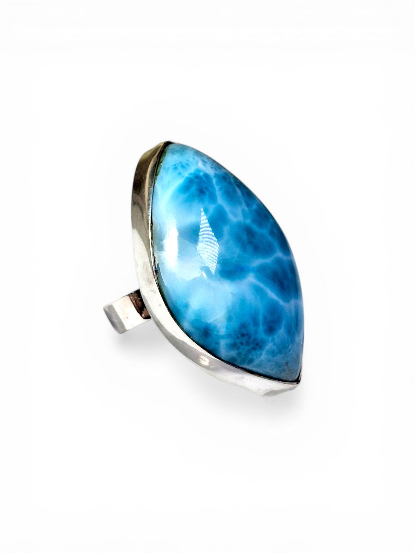 Solid Sterling Silver Big Dominican Deep Blue Larimar Stone Handmade Ring