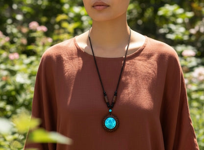 Unique Carved Ebony Wood W/ Blue Larimar Stone Necklace Handcrafted