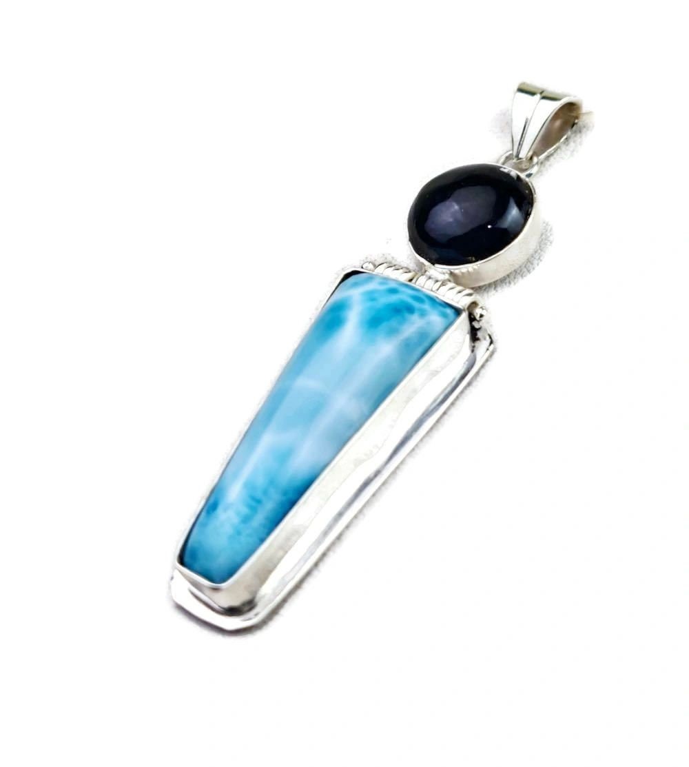 2.6 "in. Dominican Nice Blue Larimar / Black coral Stones Pendant Handmade