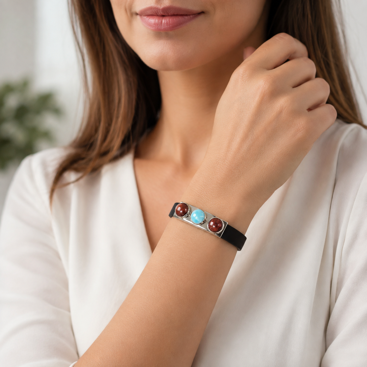 Larimar Bracelet Red Eye Tiger Stainless Steel Rubber Band Unisex Dominican